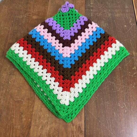 Vintage multicolor crocheted baby blanket with purple flower in center 37" x 37" - Picture 1 of 3